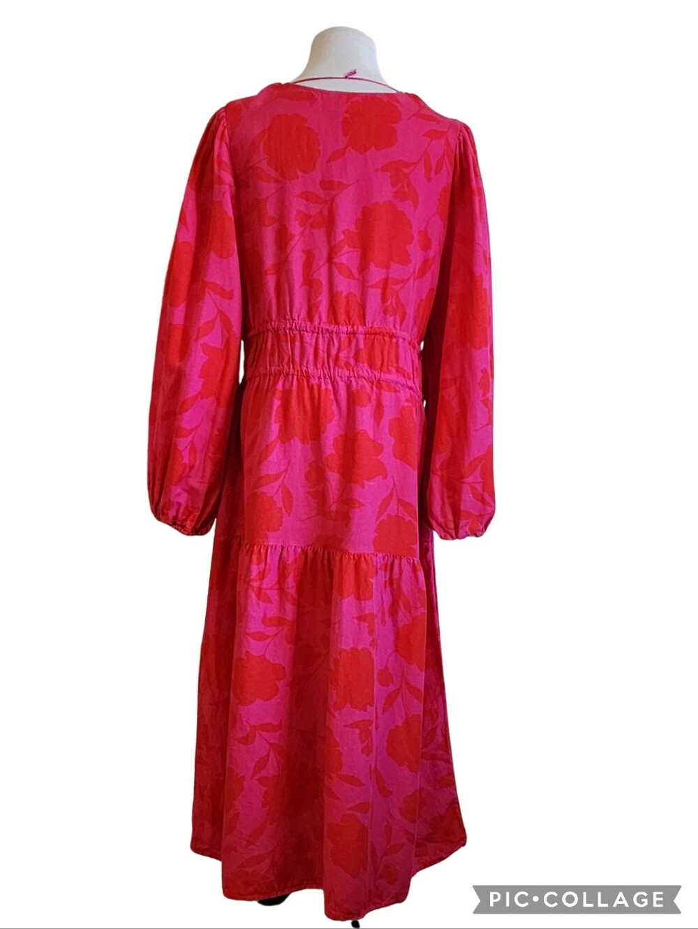 Kate Spade Pink/Red Floral Linen Gathered Dress, Front Ties, Pockets, 3/4 Sleeve - Picture 4 of 14